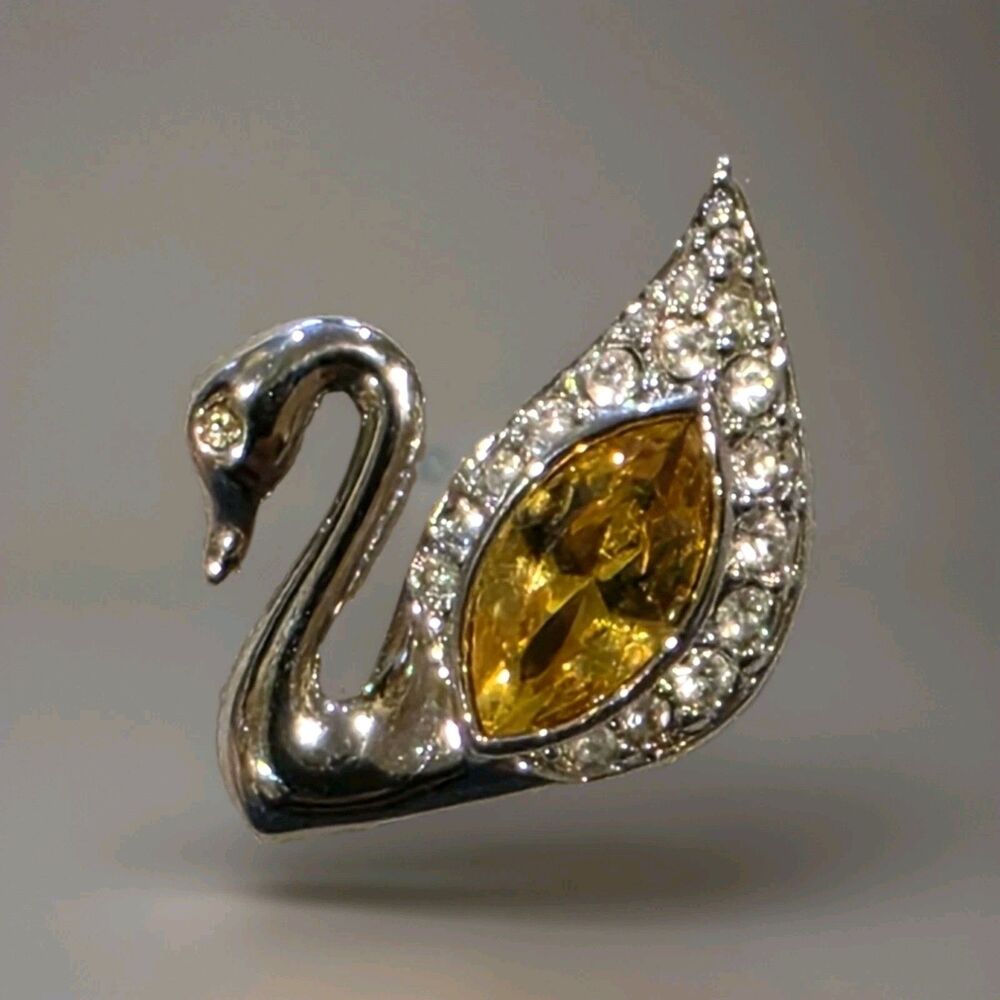 Swarovski Marked Classic Crystal Iconic Swan Yellow & Silver Brooch Pin